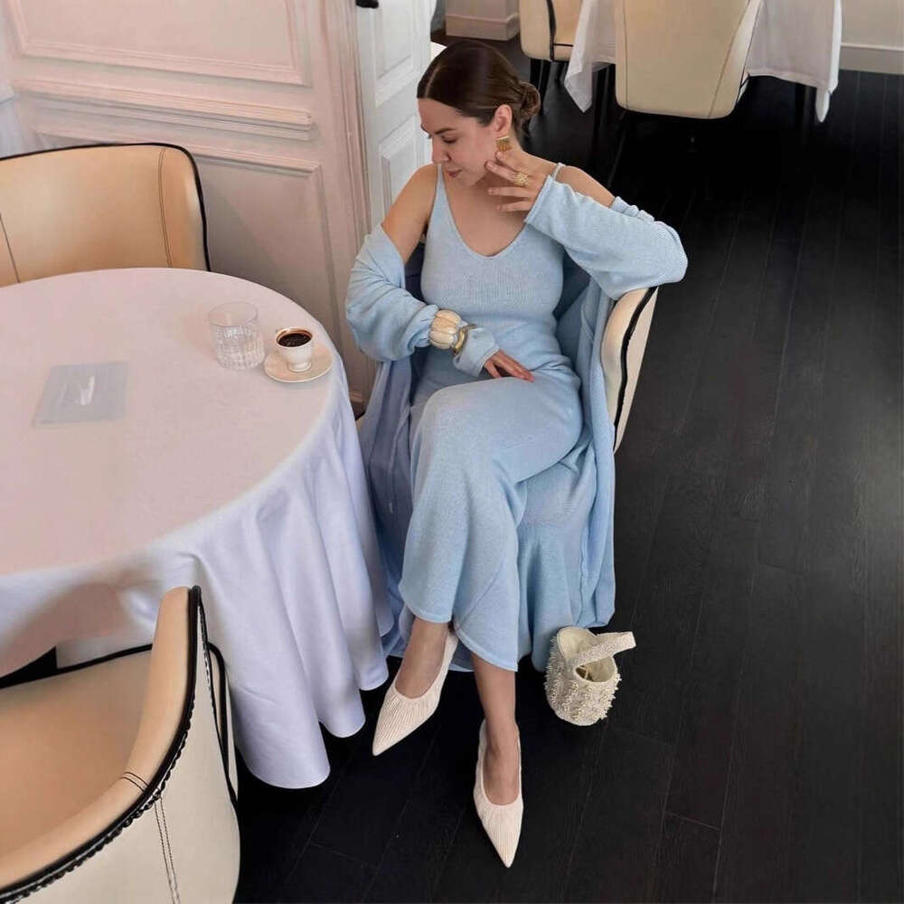 Pure Cotton Hollow Out Vest Dress + Long Sleeve Cardigan Set For Women Soft Knitted Cover-Up B5