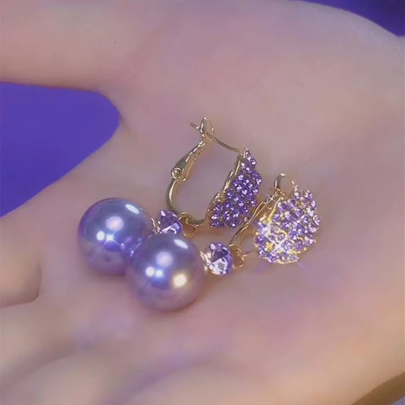 Unique Purple Rhinestone Leaf Pearl Pendant Earrings for Women Elegant Exquisite Temperament Girls Daily Wear Jewelry 250716