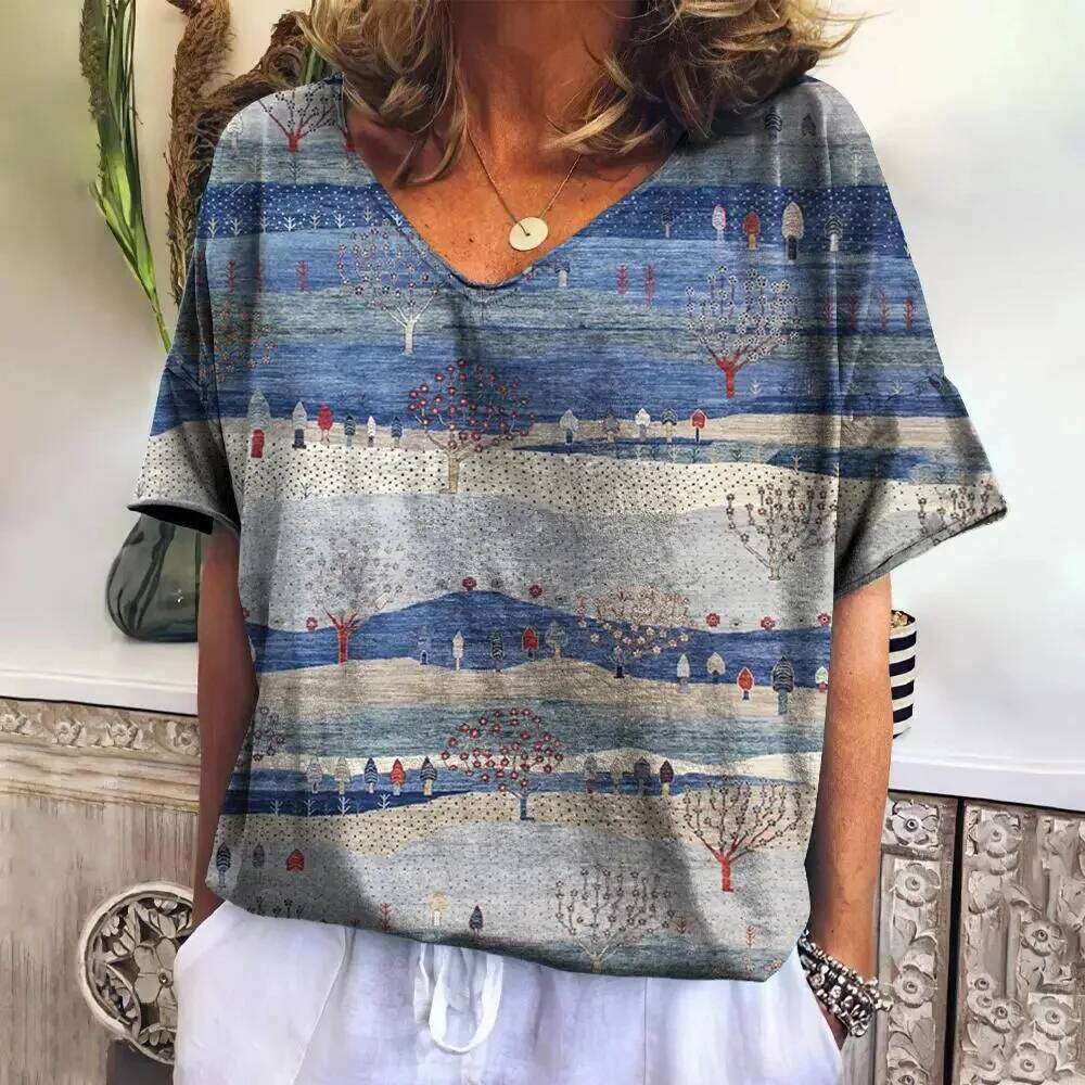 Summer T Shirt for Women V Neck Casual Fashion Tops New Plaid Tees Haruku Clothing Loose Short Sleeve Blouse Female Sweatshirt