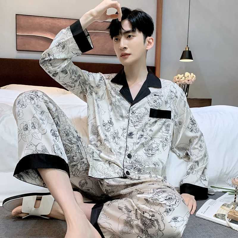 High Quality Satin Printed Pajamas Set Mens Nightwear Ice Silk Long Sleeve Loose Thin Teen Home Clothing Wear Suit Male Pajamas W250717