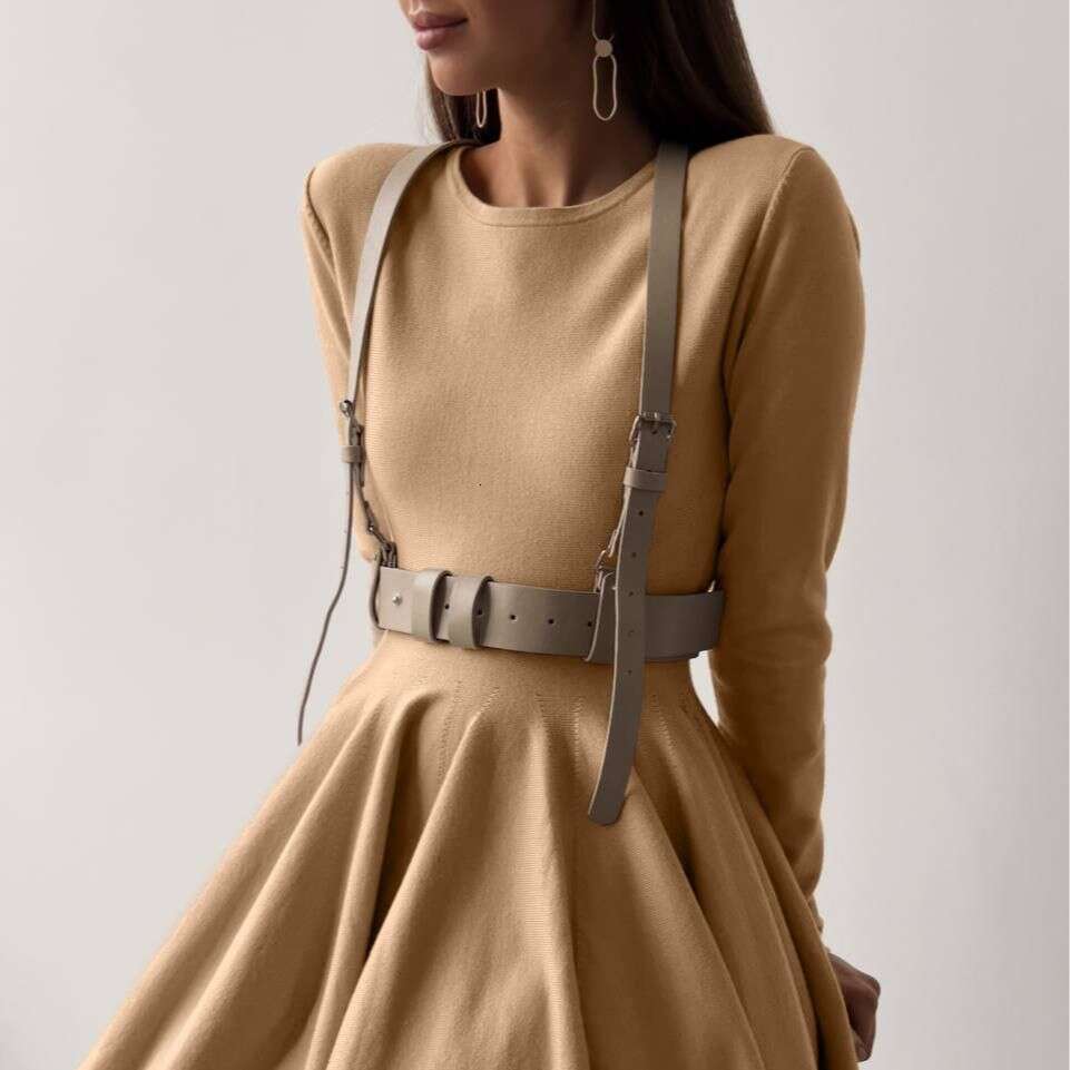 Round Neck Waist-Cinching Knitted For Women Versatile High-End Ins Style Pleated Sweater Dress B5