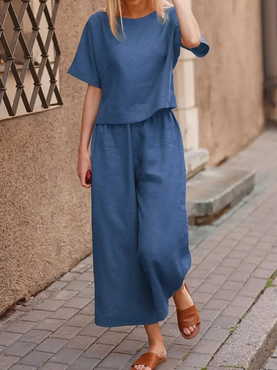 Cotton Womens Suit Pantsuit Loose O-neck Top Wide-leg Trouser Suits Female Spring Pant Sets Fashion Casual Black Set Ladies 250715