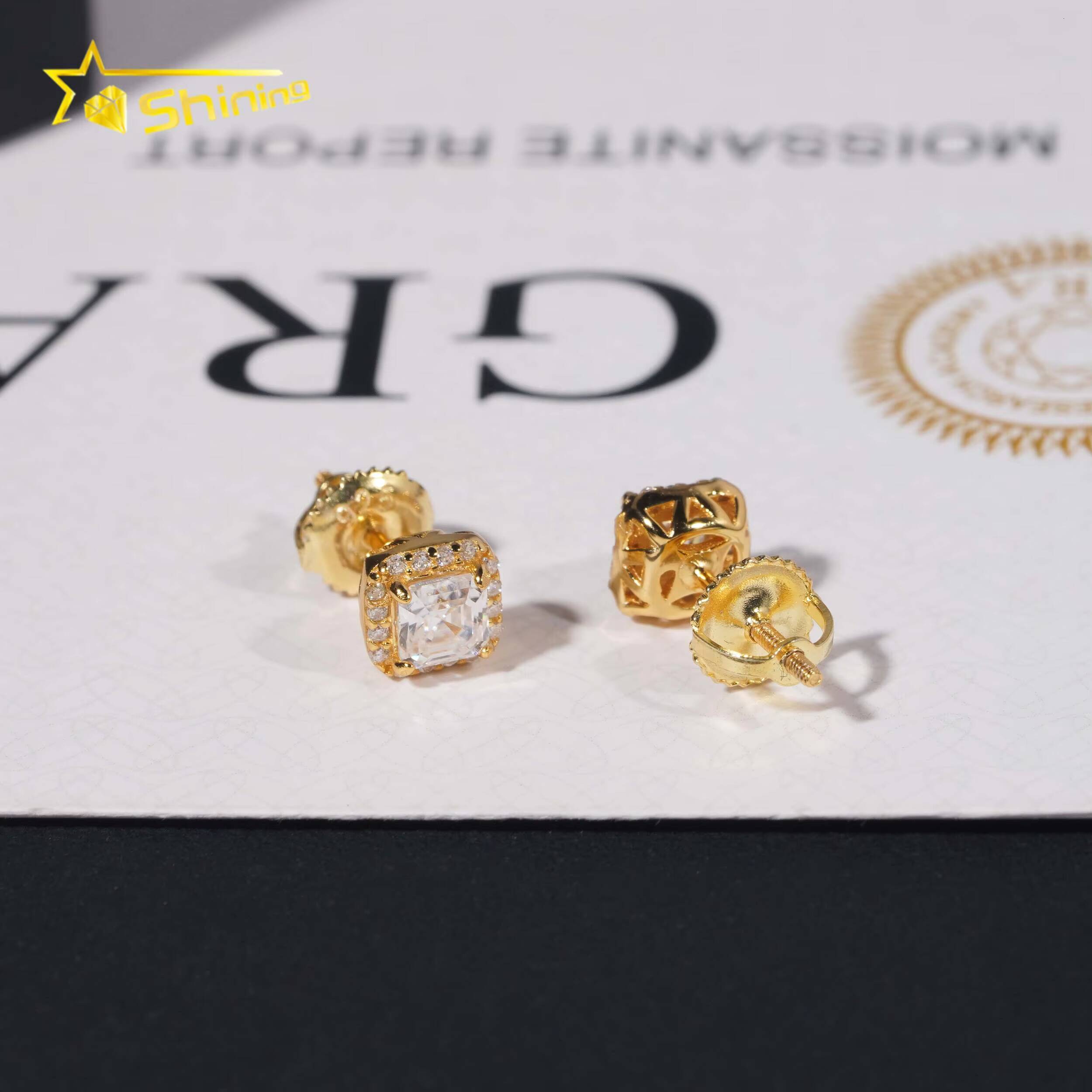 Pass Diamond Tester 925 Sterling Silver Hip Hop Stud Halo 4mm Asscher Cut Mens VVS Diamond Earring