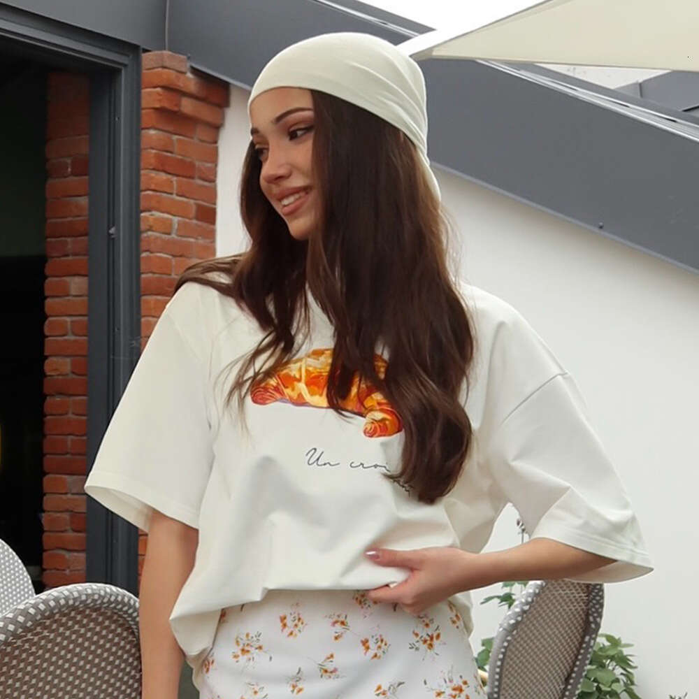 100% Cotton T-Shirt Summer Baguette Print Loose Short Sleeve Tee For Women B5