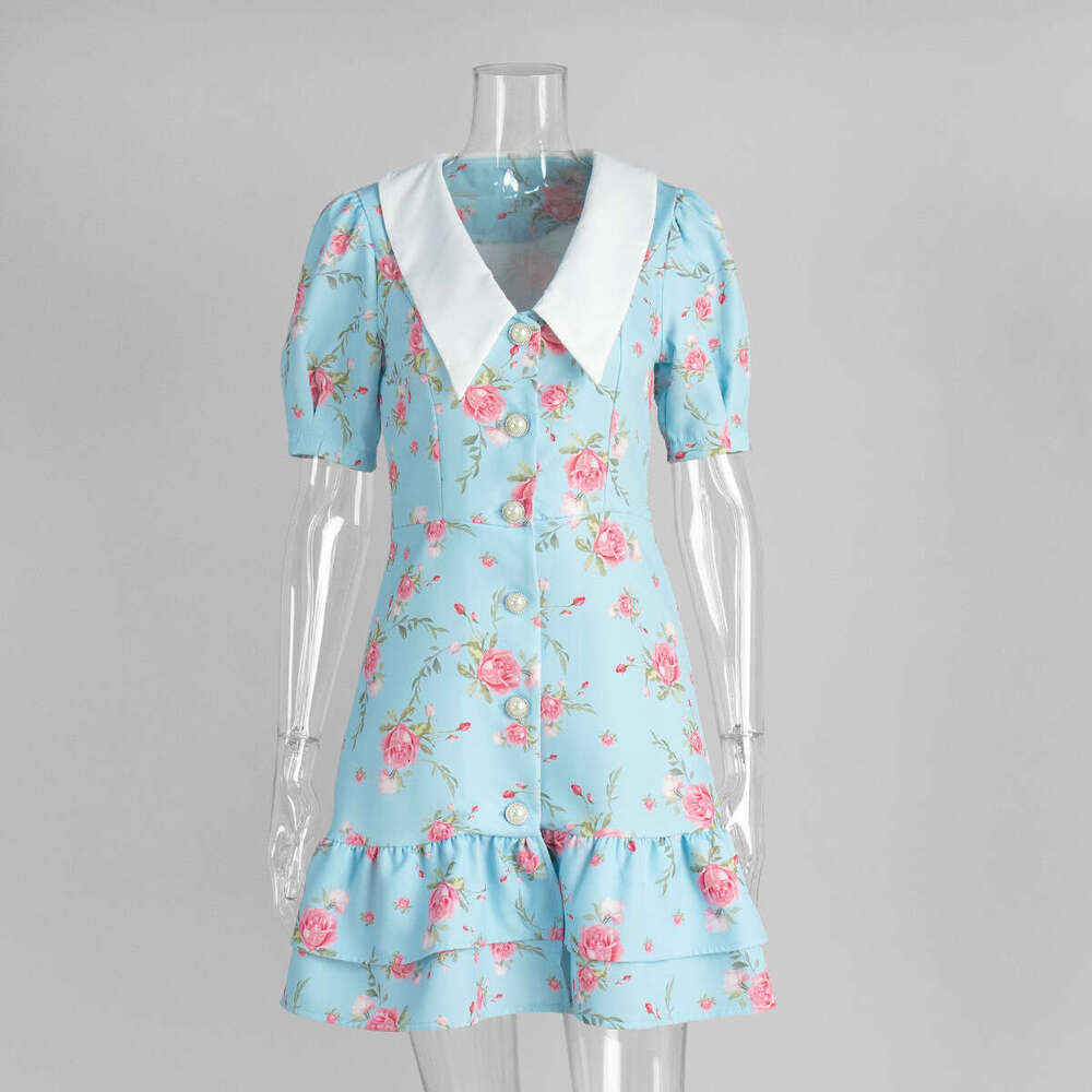 French Style V-Neck Puff Sleeve Summer Waist-Cinching Printed Short Dress With Ruffles B5