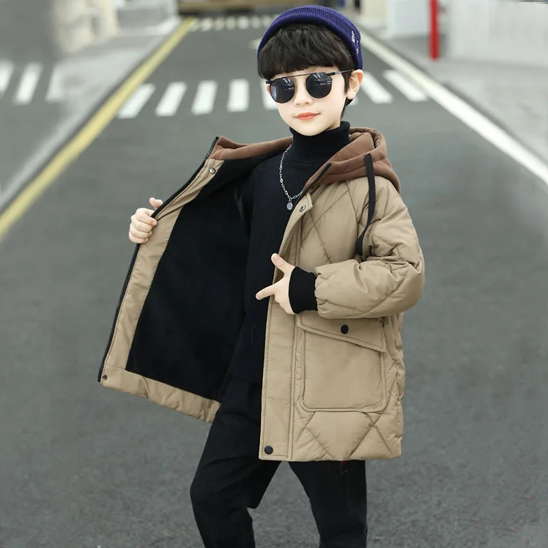 Childrens down jacket winter boys and girls Plush warm medium length jacket hooded large wool collar cotton padded jacket 250716