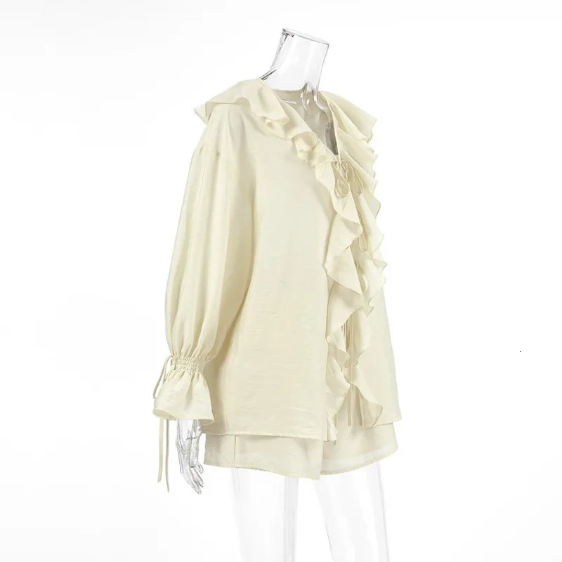 Summer Holiday Long Sleeve Ruffle Lace Up Chiffon Shorts Suit Women Casual V Neck Solid Loose Set 2025 Female Outfits 250714