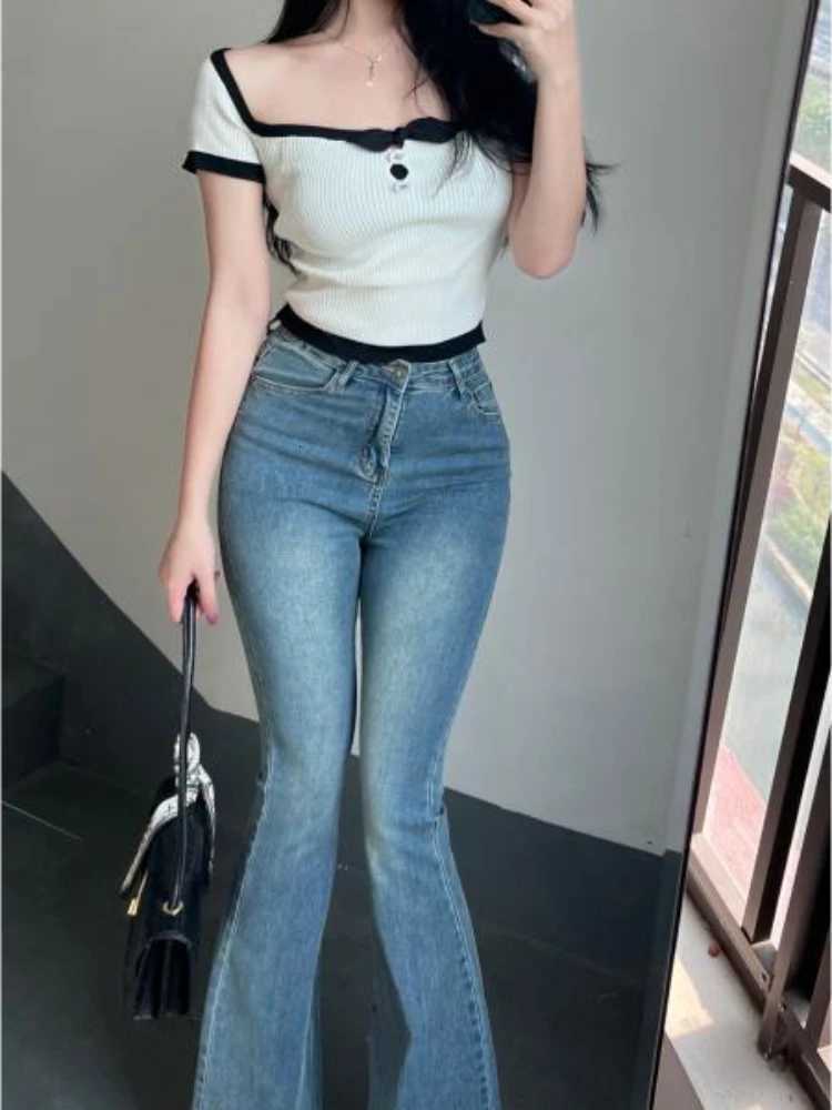 Woman Flared Jeans Blue Spring Autumn High Waist Shot Denim Pants for Women Stretch on Sale Clothes Vintage Unique 90s Trousers R250716