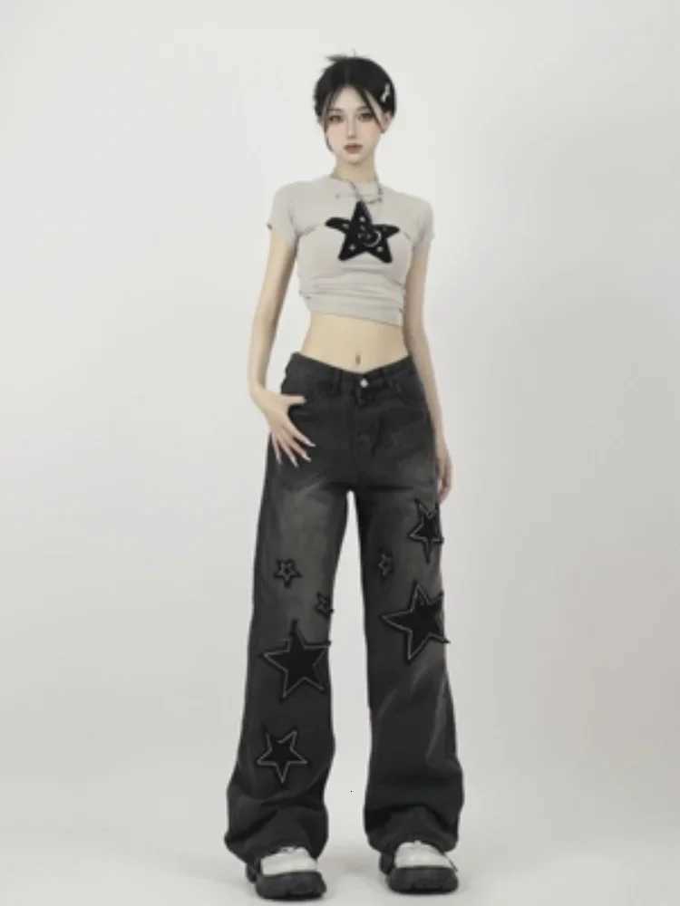 HOUZHOU Y2K Goth Star Black Baggy Jeans Women Cyber Punk Retro 90s Streetwear Denim Pants Vintage Hippie Grunge Wide Trousers R250716