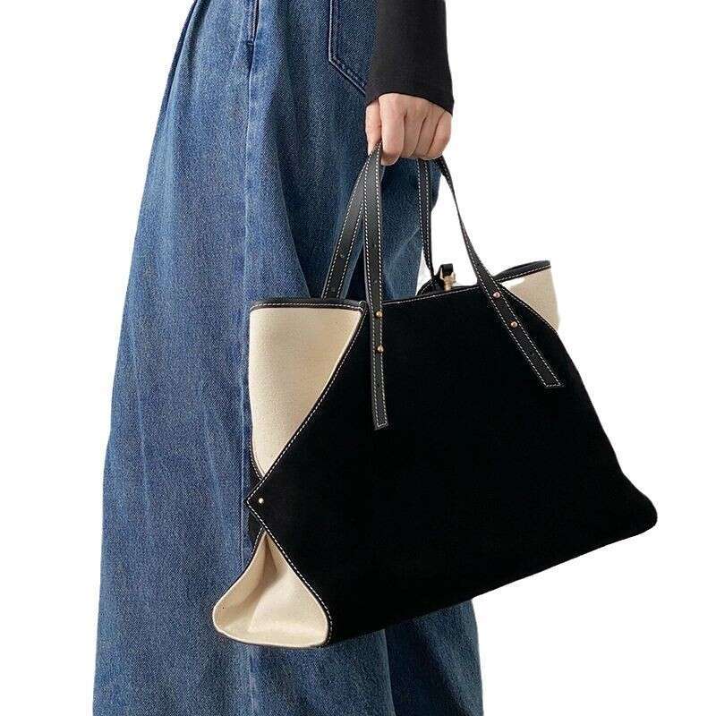 2025 New Large Capacity High-end Color-blocking Black Canvas Tote for Women Handbag Shoulder Commuter Bag