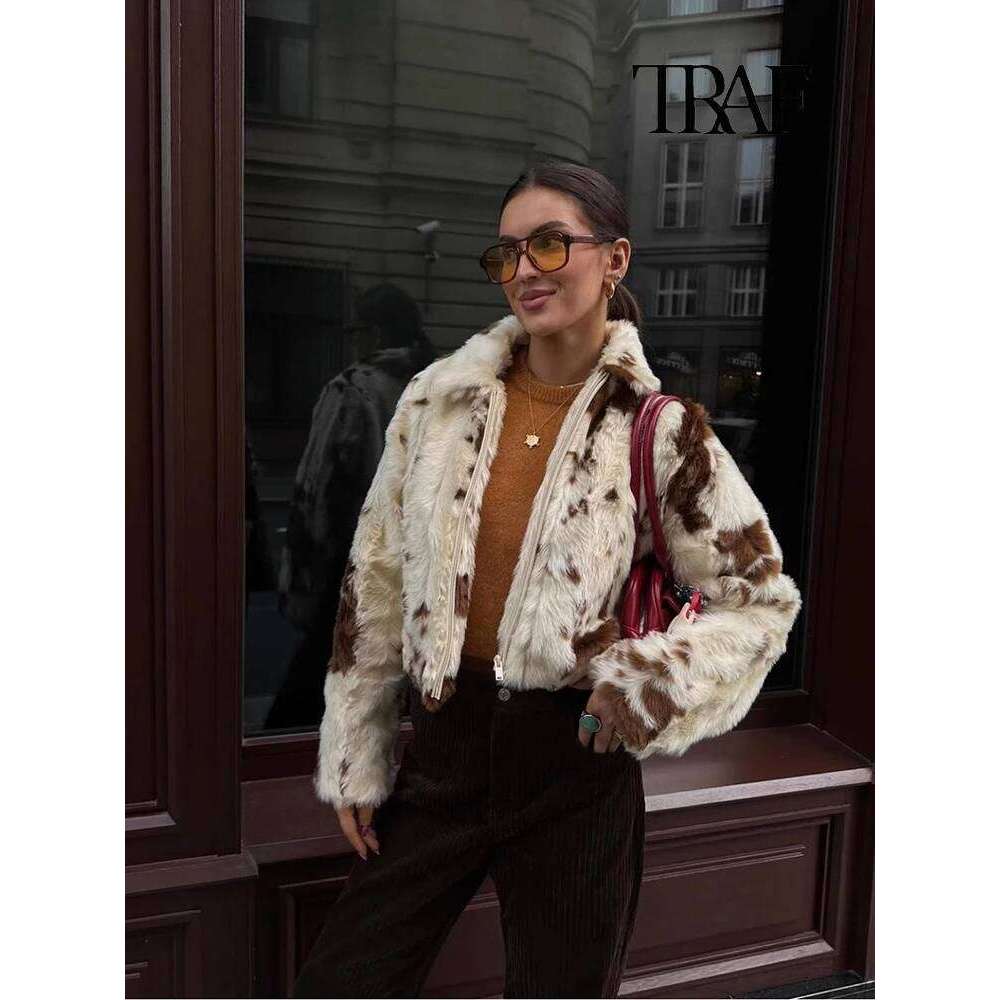 TRAF Fashion Printed Women's Fluffy Faux Fur Elegant Lapel Long Sleeve Winter Thickened High Street Warm Coat