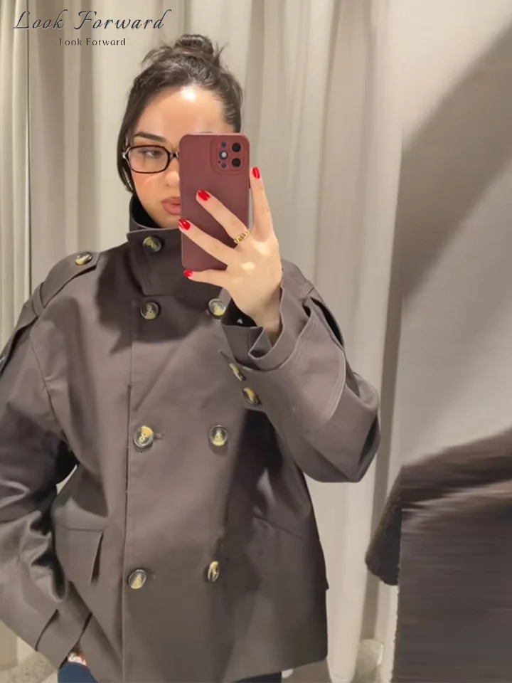 Khaki Trench Coat Women Double Breasted Jacket Woman Stand Collar Full Sleeve Pocket Spring Autumn Casual Loose Outerwears Lady 250716