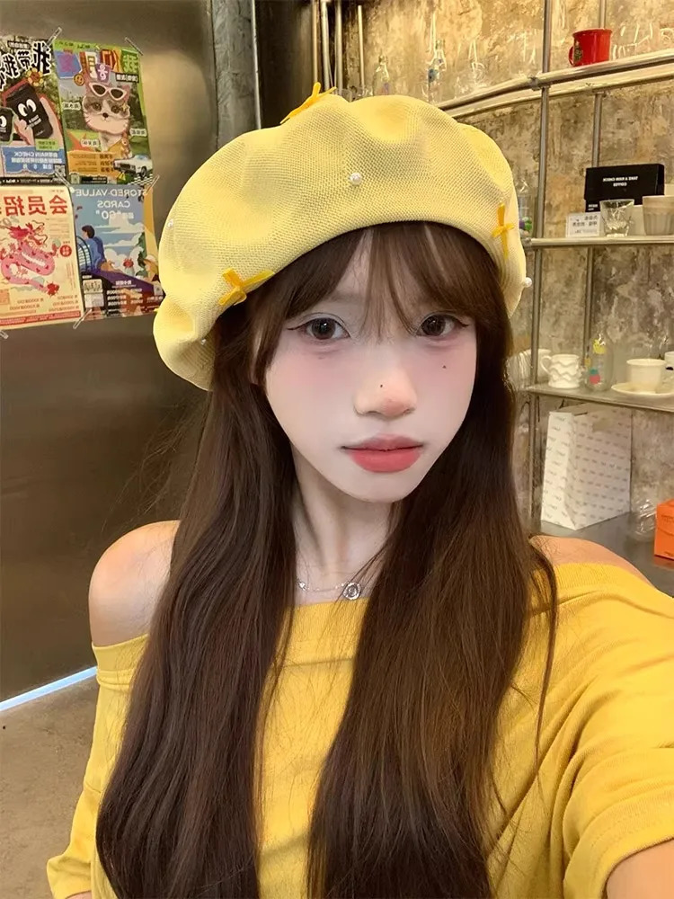 Korean sweet bow yellow beret womens summer thin cut hollow breathable face enhancing small artist hat sboy hat 250716