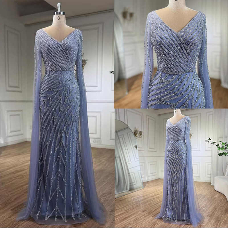 Elegant Mermaid Evening Dress V Neck Long Sleeve Beaded Sequins Prom Gowns With Tulle Floor Length Formal Dresses Customized