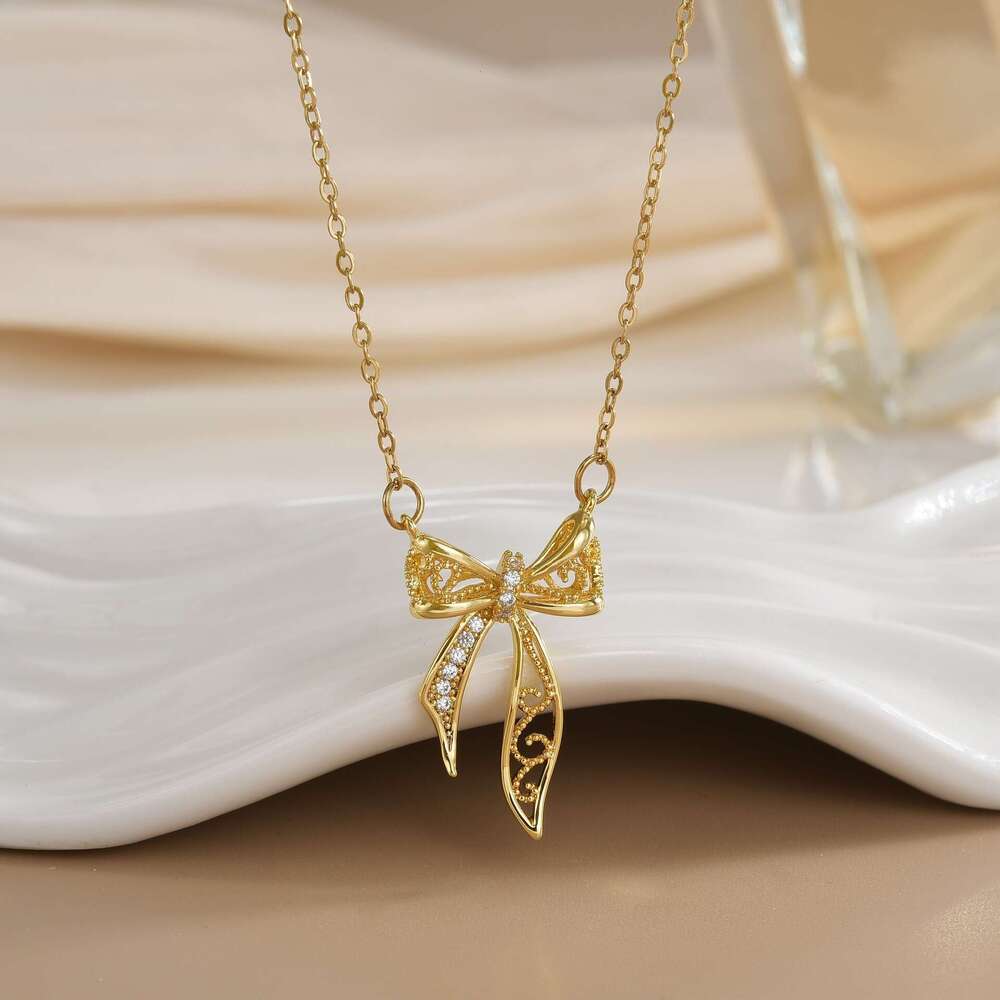 Internet Celebrity Bow Necklace Ins Style Student Sweet Cool Girl Collarbone Chain Versatile Light High-End Accessory 3D6