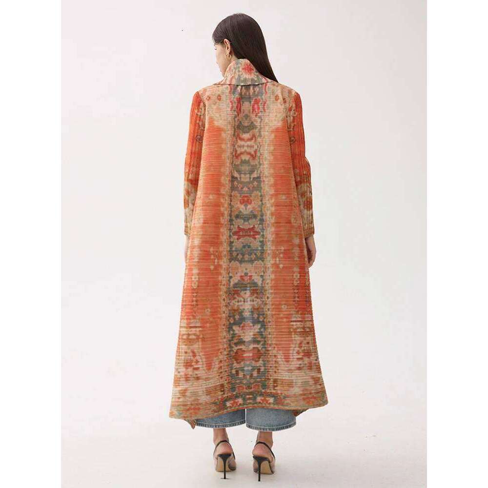 Miyake Pleated Vintage Printed Turn-Down Collar Sleeve Long Jacket Women Designer Abaya New Dubai Fashion Plus Size Coats