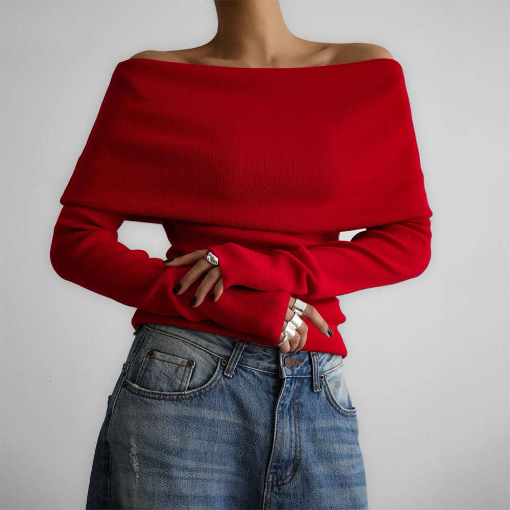 Women's Sweater Autumn Winter Long Sleeve Knitted Base Shirt Off-Shoulder Sexy Slim Fit Top B5