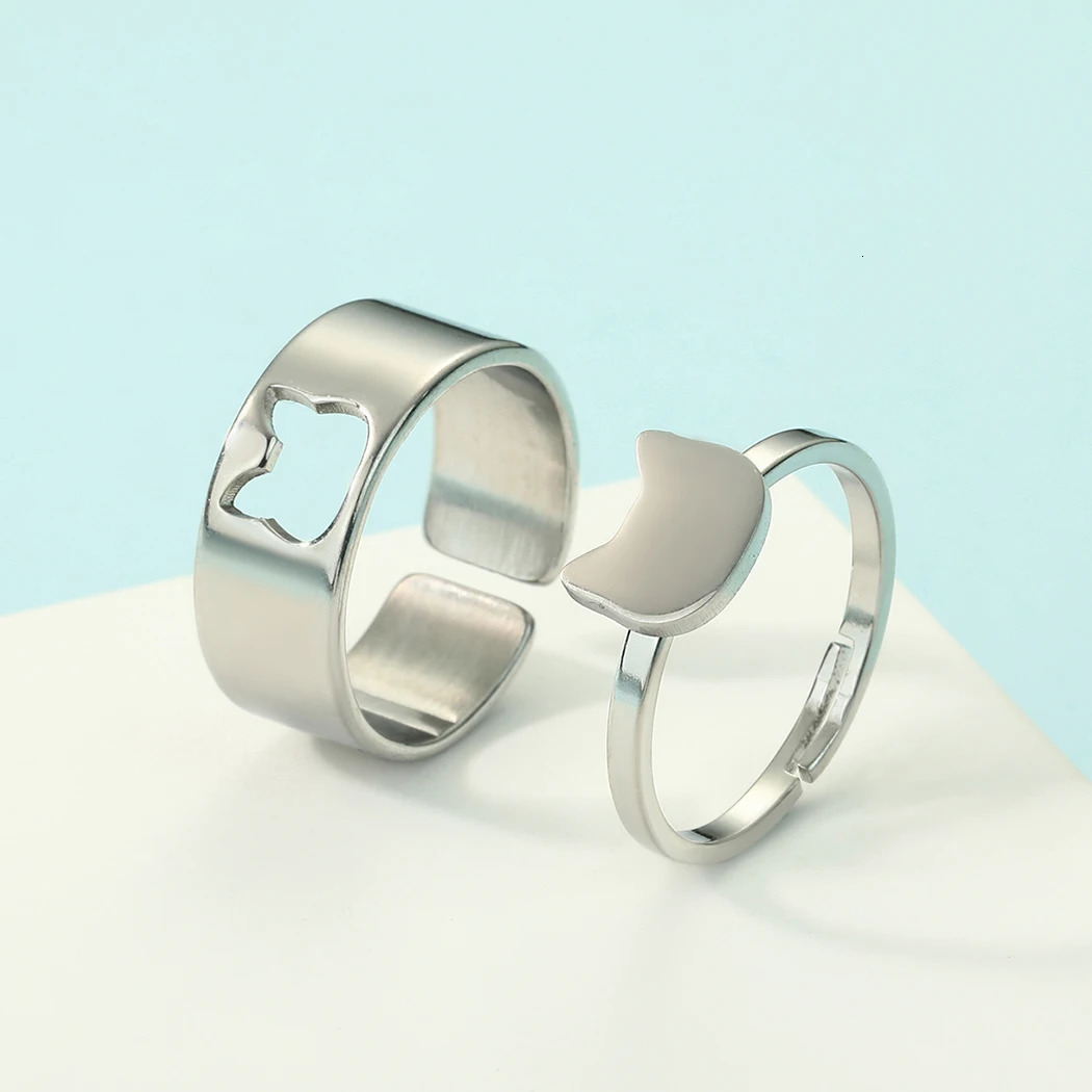 2 Pcs Cat Ring Set For Couples Matching Rings Him Her Cute Kitty Anniversary Dainty Stacking Couple Gift 250704