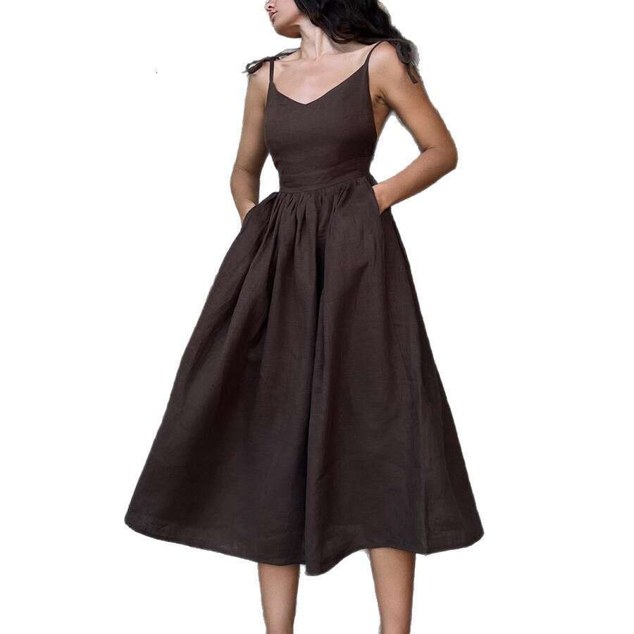 Pure Cotton V-Neck Strap For Women Spring New Elegant Sexy Tie Backless Dress B5