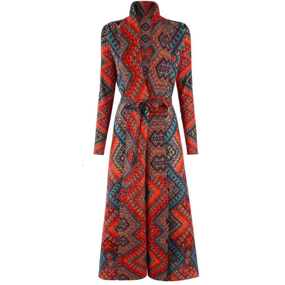 LANMREM Pleated Trench Coat Abaya Style Long Robe Women's Fashion Temperament Printed Versatile Coats With Belt 32Da2703