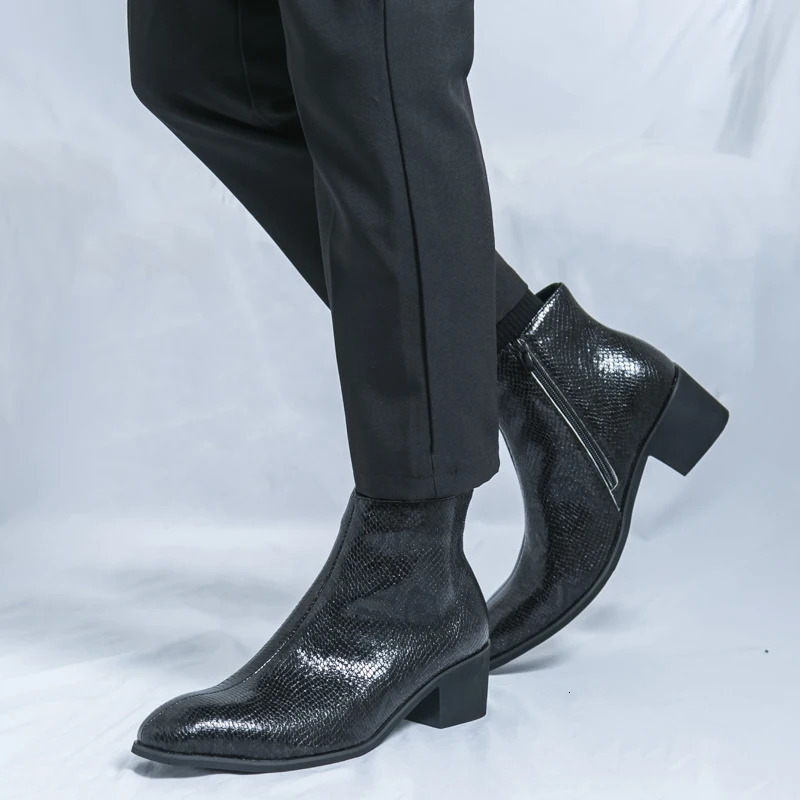 Spring Serpentine Leather Printing Men Cowboy Ankle Boots Show Party Motorcycle Short Boots Increase Height Dress Sapatos Social 250715