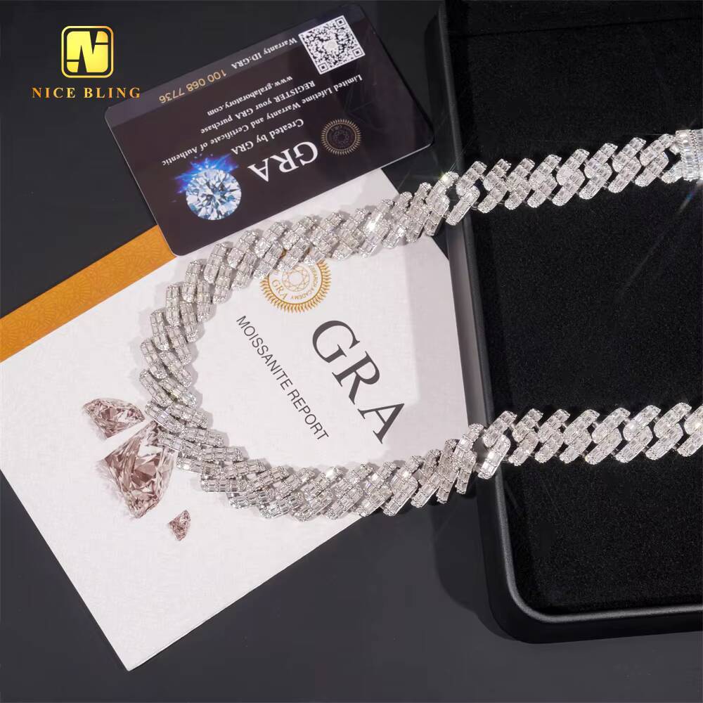 Iced Out Mens Jewelry Hip Hop Sparkle 925 Sterling Silver 15MM VVS Moissanite Baguette Diamond Cuban Link Bracelet Necklace