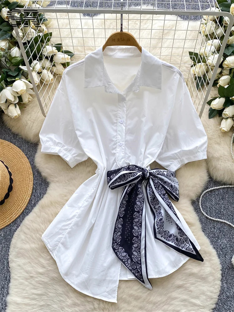 SINGREINY Womens Korean Simple Style Shirt Female Polo Neck Puff Sleeve Cross Lace Up Tops Summer Workwear Casual Loose Blouse 250704