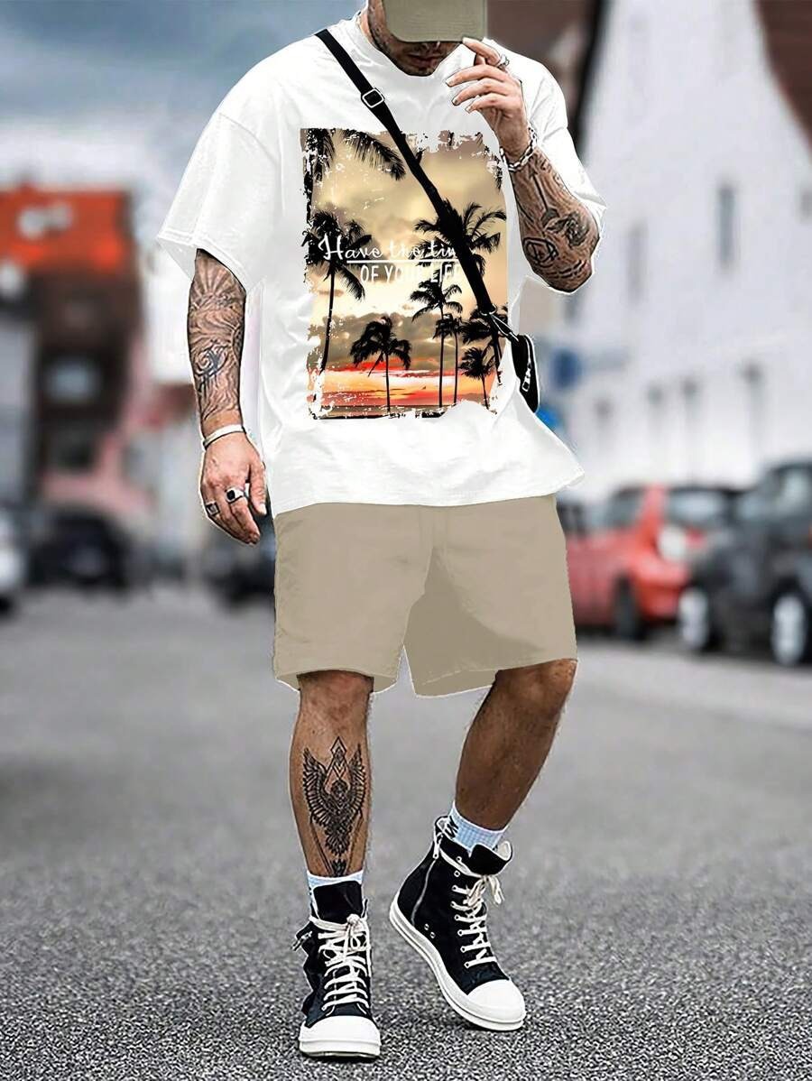 Men's Coconut Tree Print Short Sleeve T-Shirt Set