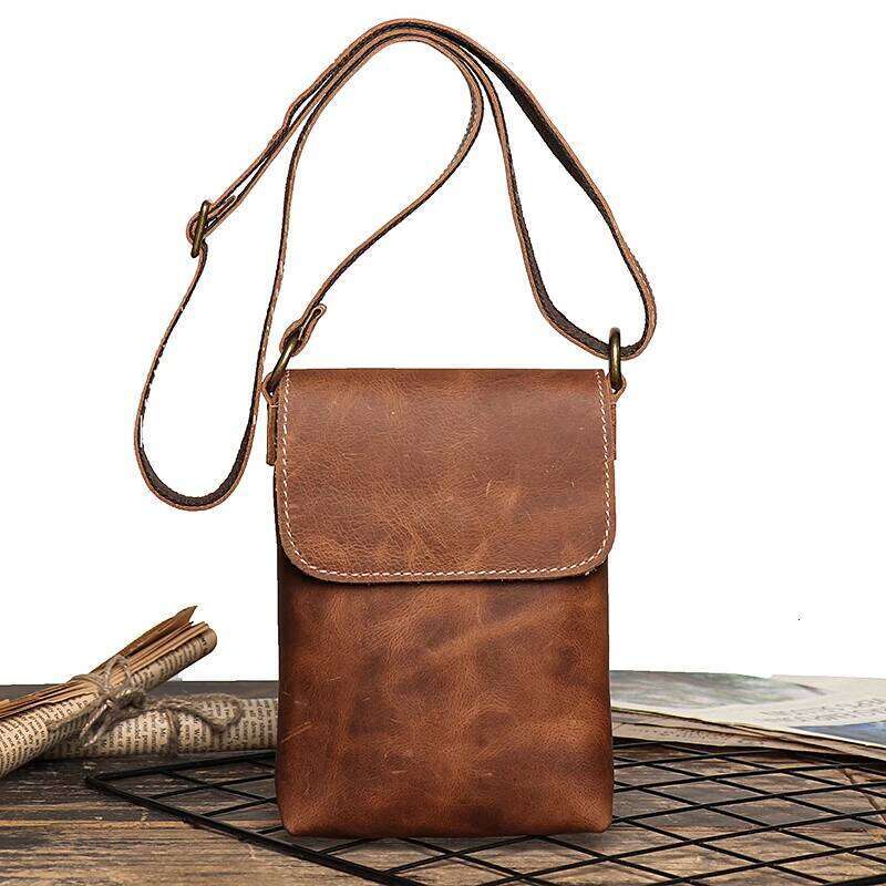 Retro Flip Black Small Shoulder for Men Genuine Leather Sling Crossbody Bags Minority Design Man Simple Mobile Phone Bag