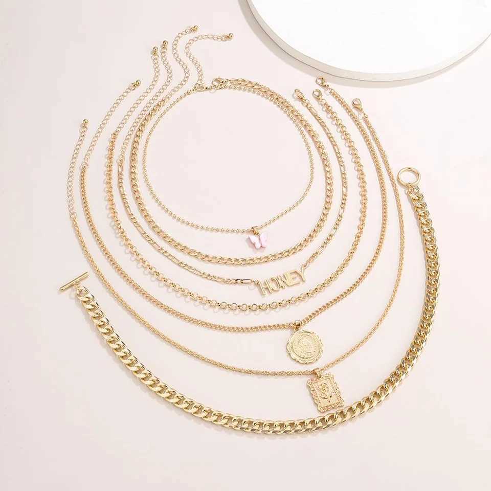 7 Pcs Fashion Punk Gold Color Pendant Chain Necklace Set for Women Vintage Boho Letter Coin Multi-Layer Necklaces Jewelry Gifts XJ250717