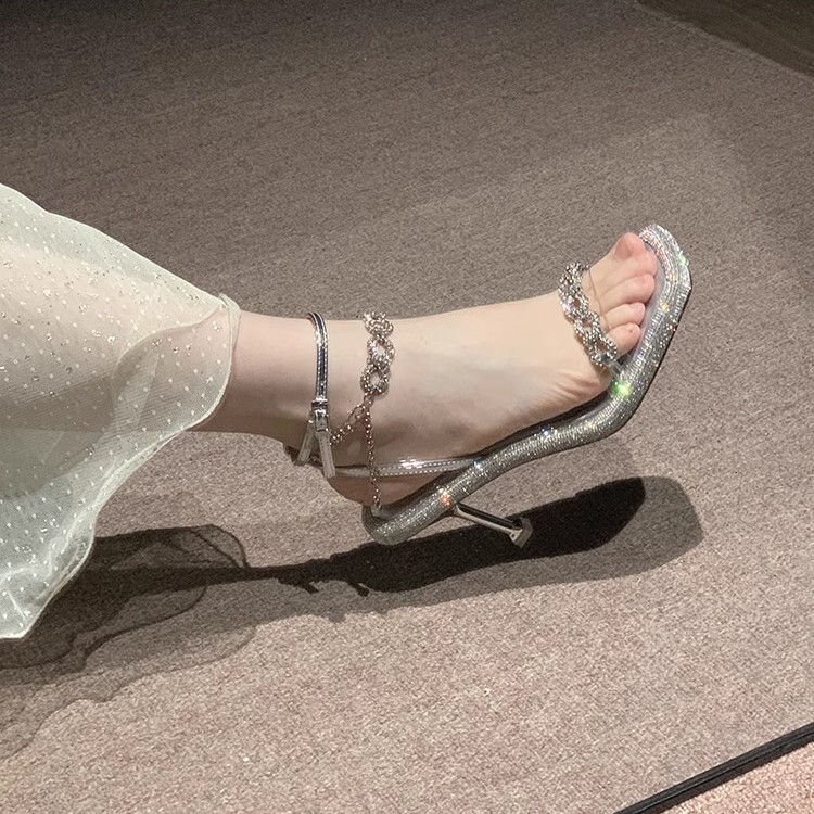 Beautiful Stiletto Heels Petite Women, Stunning Sandals for Summer 2025, Gentle Rhinestone Silver Shoes to Pair with Dresses ddmysaturn