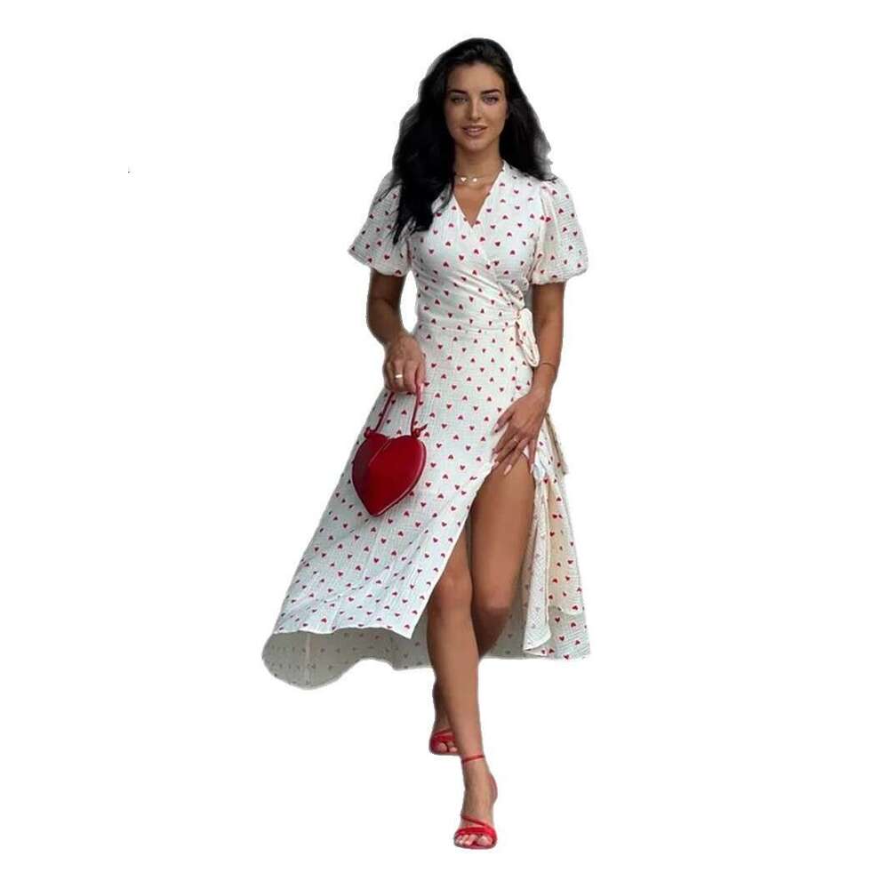 Summer New Women's Cotton Printed With Tie Straps And Puff Sleeves Long Dress B5