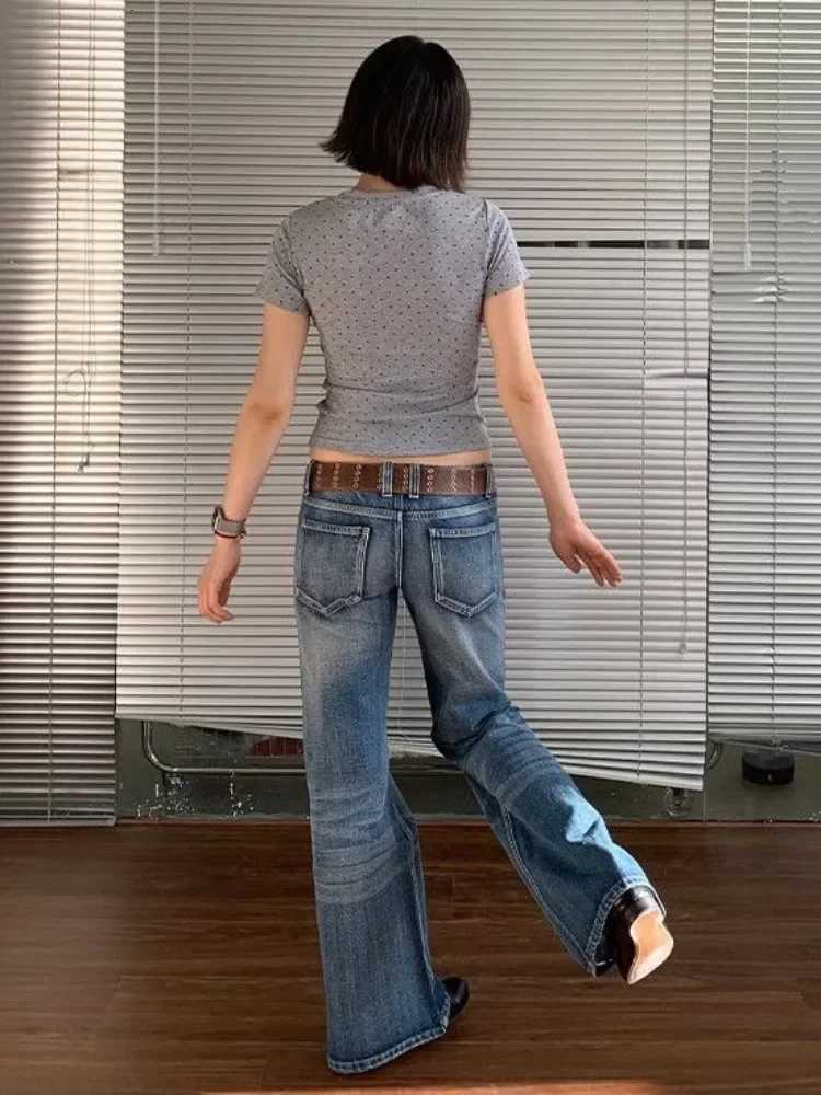 HOUZHOU American Retro High Street Spicy Girls Low Waist Jeans Women Vintage Y2k Harajuku Baggy Solid Denim Flared Pants 2025 R250716