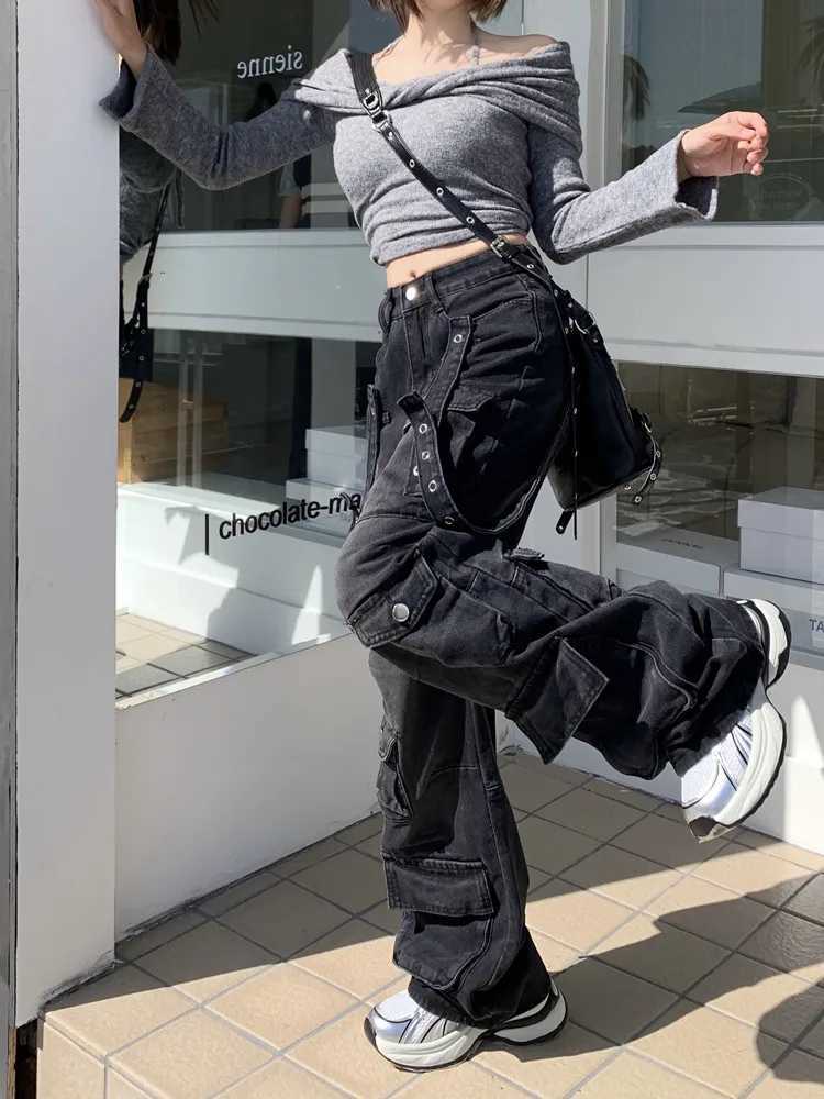 2000s Clothes Y2K Streetwear Washed Black Baggy Cargo Jeans Pants for Women Wide Leg Multi Pockets Straight Loose Lady Trousers R250716