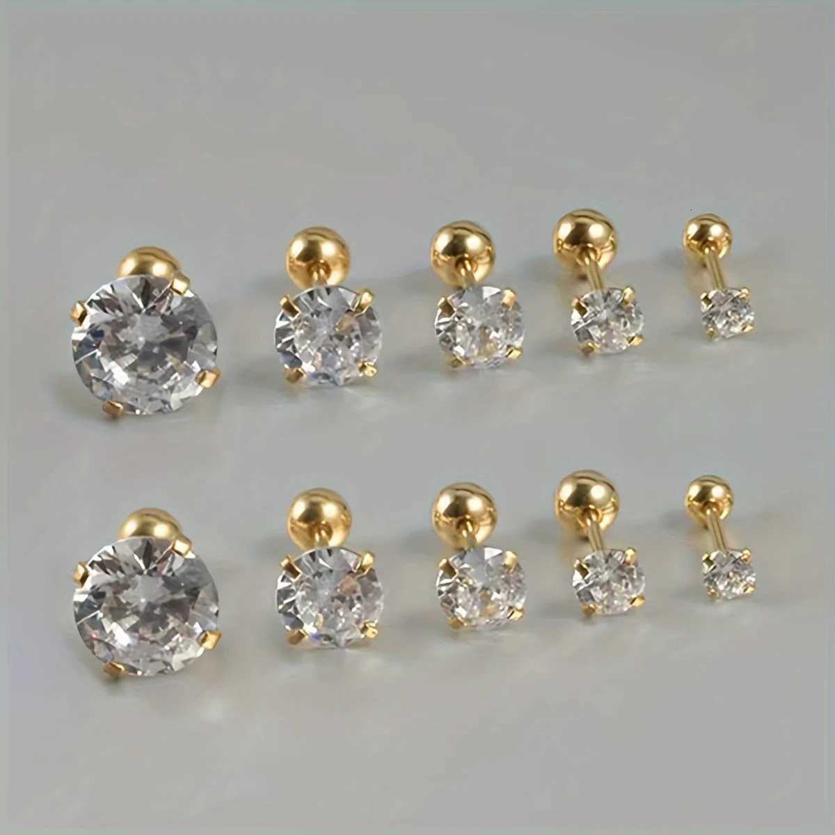 1 Pair/5 Pairs Set Stainless Steel Round Ball Golden Silvery Cubic Zirconia Ball Screw Back Stud Earrings Set for Men Women y250715