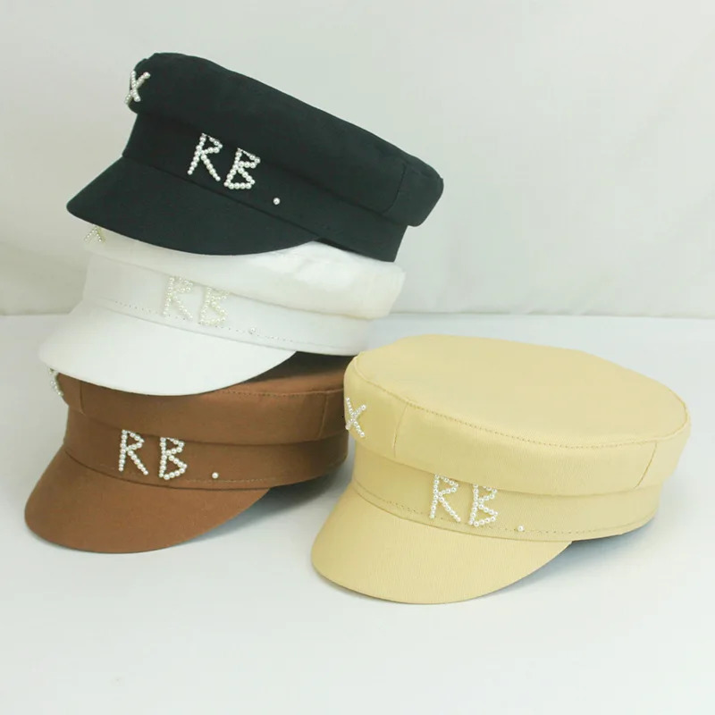 Women Pearls RB Letter Militray Hat Fashion Streetwear Navy Hat Adjustable Flat Top sboy Caps Casual Gorras Visor Hats 250716