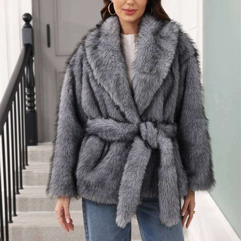 Women Loose Lacing Faux Coat Brand Simple Advanced Design Solid Fur Fall Street Trend Warm Belt Mid-Length Fluffy