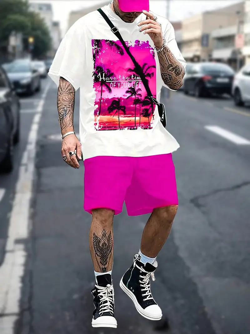 Men's Coconut Tree Print Short Sleeve T-Shirt Set