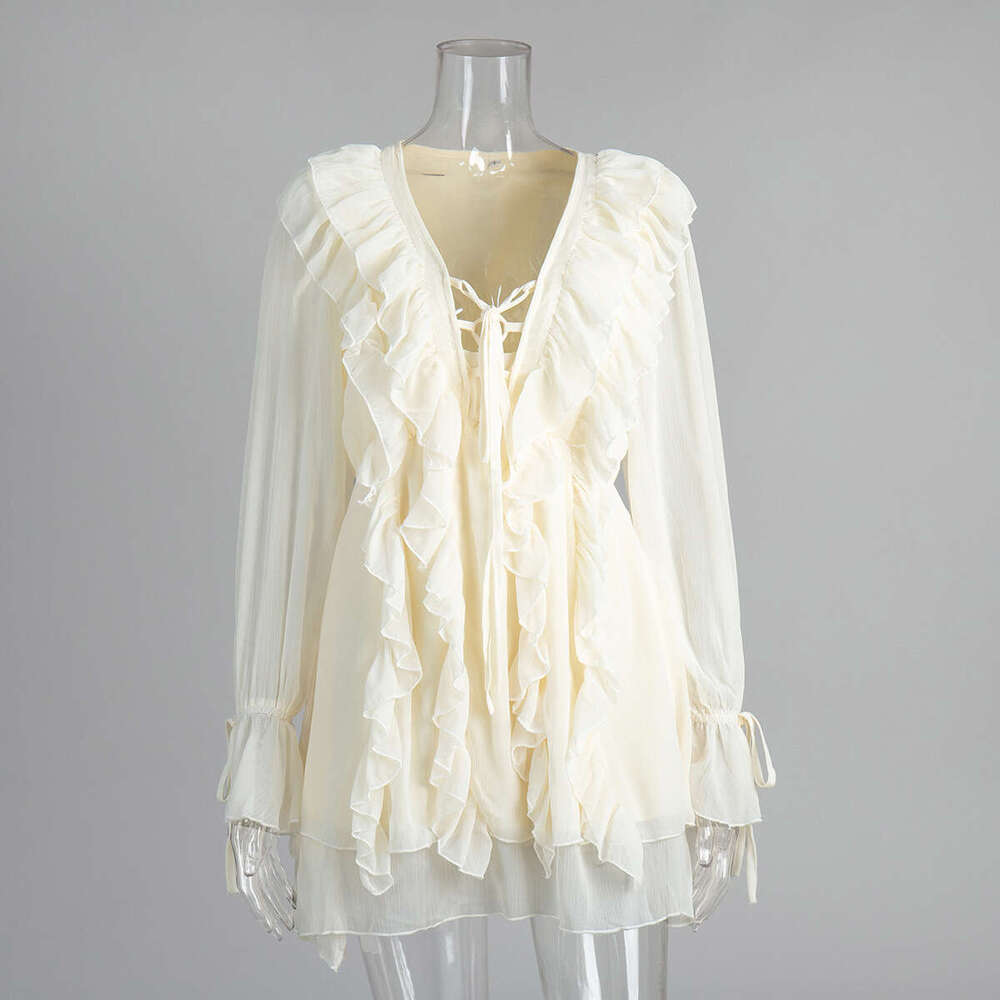 Chiffon Long Spring New Lantern Sleeve Tie Short Ruffle Dress B5