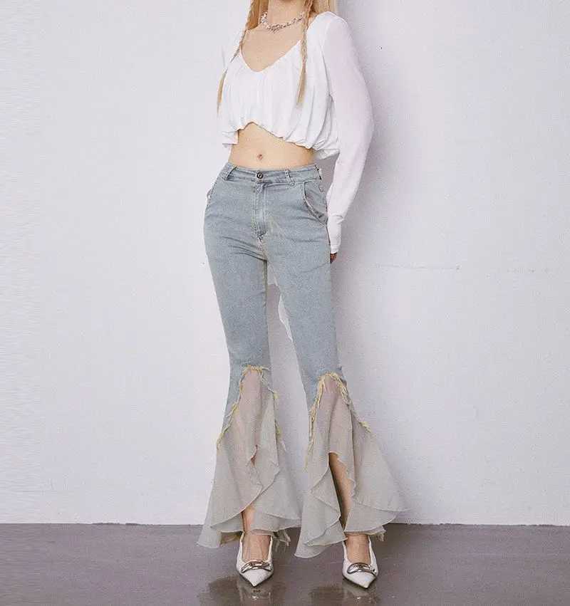 With Slits Medium Waist Trousers Slim Fit Lace Splicing Womens Flare Jeans South Korea Harajuku Fashion 90s Female Cowboy Pants R250716