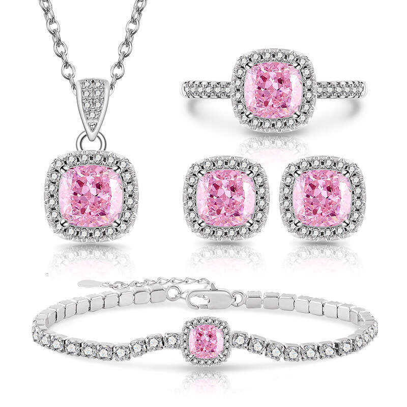 Simple and Elegant Square Zircon Korean Versatile Fashion Ring Earrings Necklace Bracelet Set 531