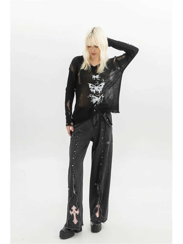 Women Clothing Black Gothic Jeans 90s Aesthetic Y2k Oversize Denim Trousers Vintage Harajuku Korean Emo 2000s Trashy Jean Pants R250716