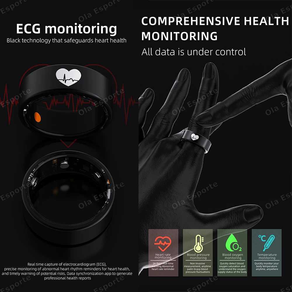 New ECG Smart Ring Men Women Charging Box Body Temperature Blood Pressure Health Monitor 5ATM Waterproof Remote Control Rings W250819