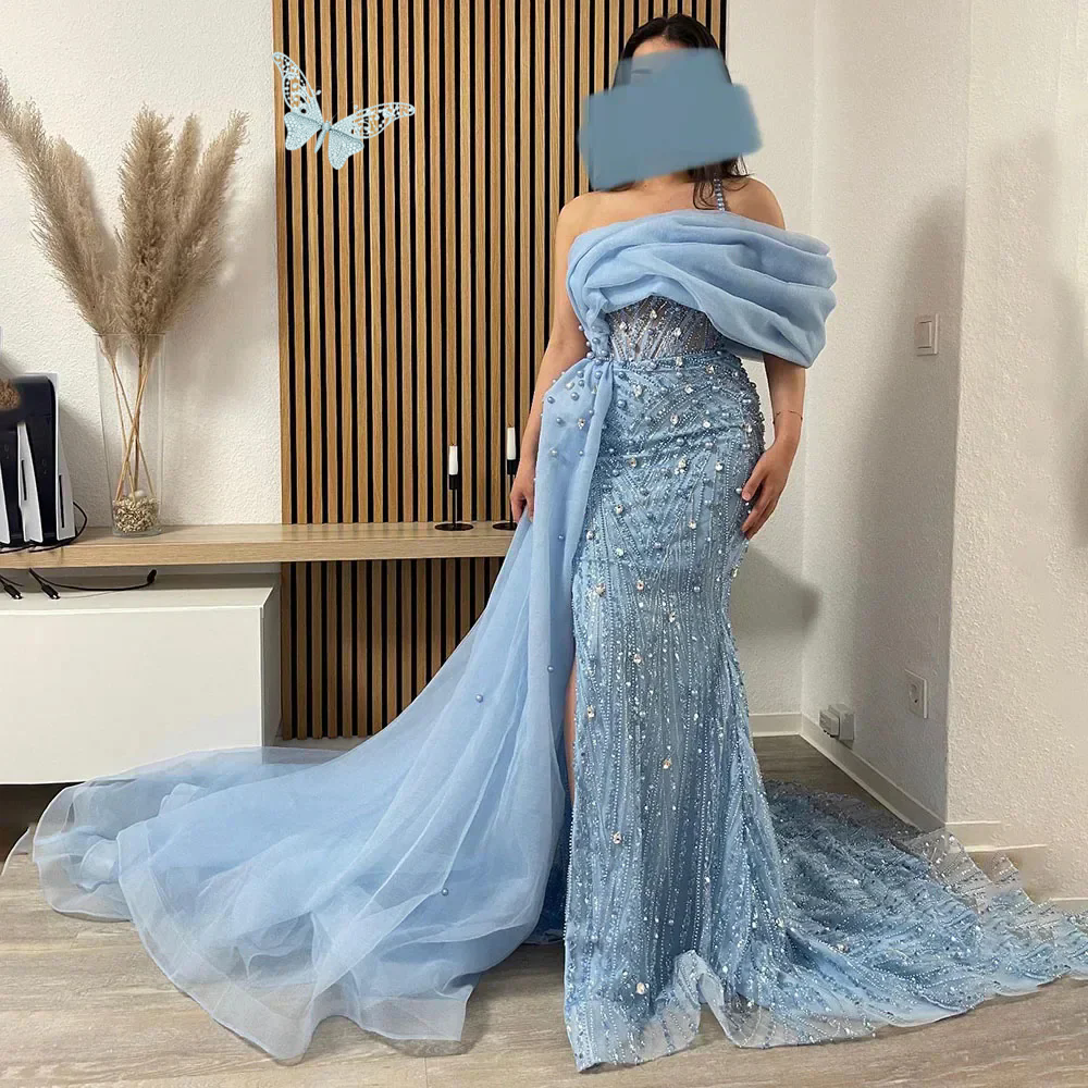 Arabic Aso Ebi Sky Blue Prom Dress Beaded Crystals Evening Gowns Feather Birthday Engagement Second Gown Dress Women Formal Wear Customized