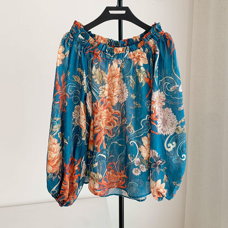 Ladies Blue Oriental Floral Printed Two-Piece Set Fashion Designer Off-Shoulder Long Sleeved Ramie Blouse Viscose Palazzo High Waist Pants S0738