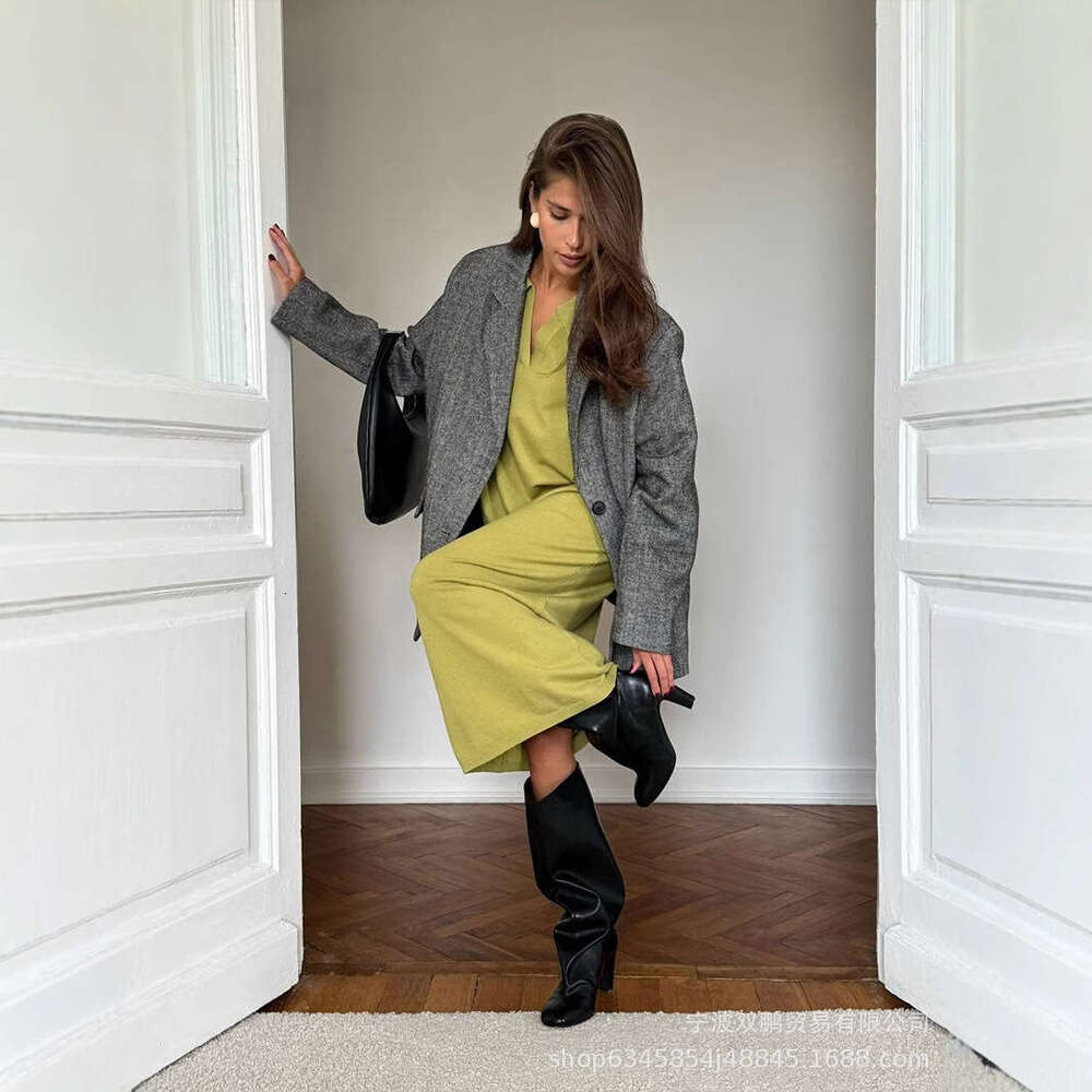 Autumn Winter Scissors Collar Soft Sweater Elegant Versatile Loose Long Dress Ins Style B5