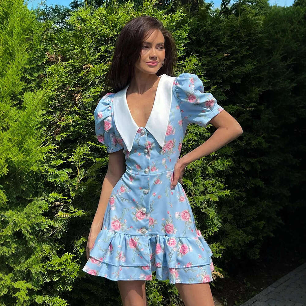 French Style V-Neck Puff Sleeve Summer Waist-Cinching Printed Short Dress With Ruffles B5