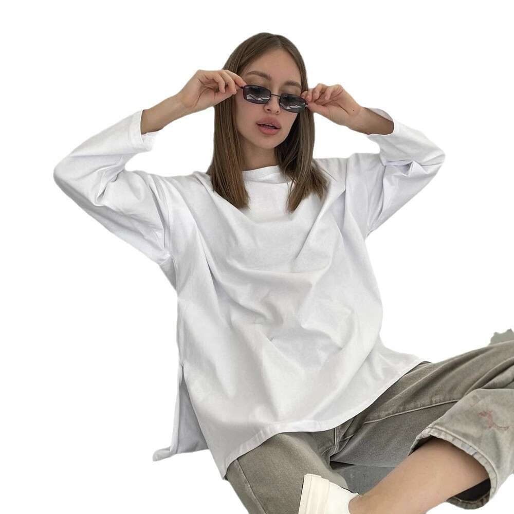 Style Loose Long Sleeve Split T-Shirt For Women, Solid Color 100% Cotton Top, Spring Summer Women's Clothing B5