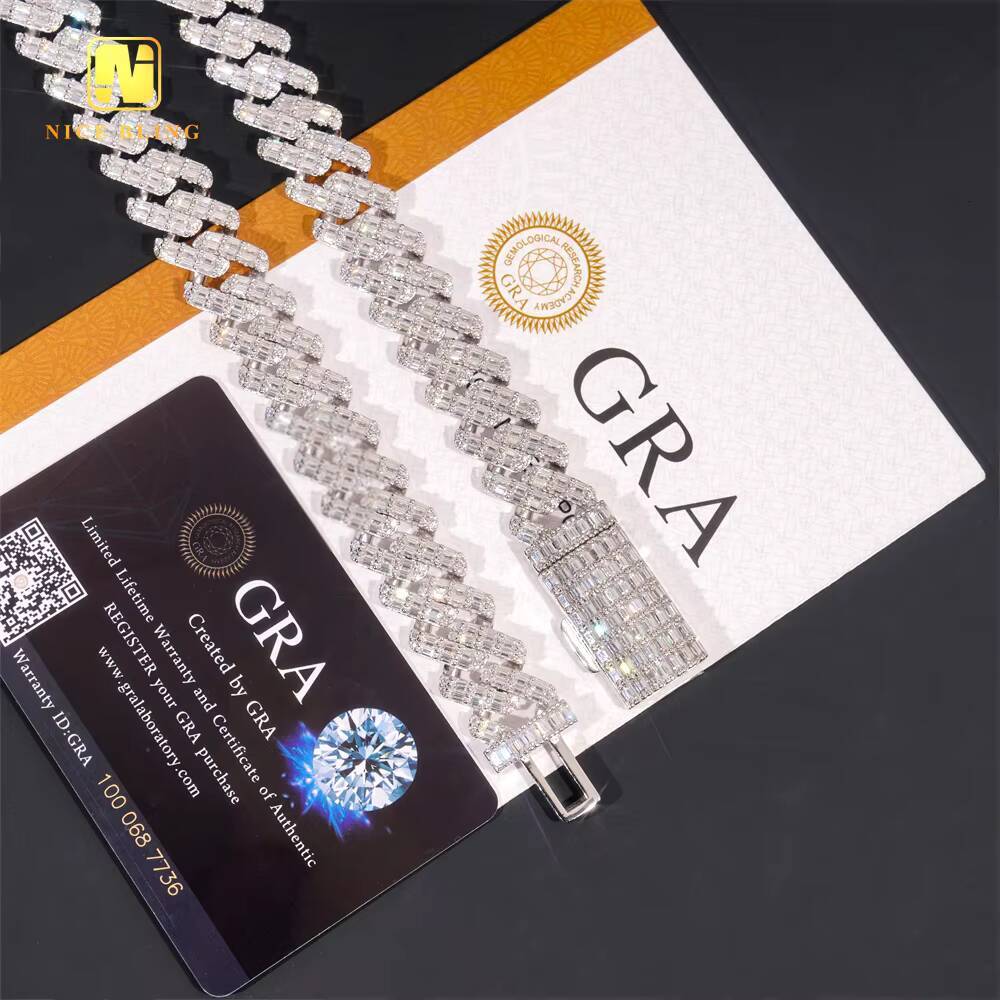 Iced Out Mens Jewelry Hip Hop Sparkle 925 Sterling Silver 15MM VVS Moissanite Baguette Diamond Cuban Link Bracelet Necklace