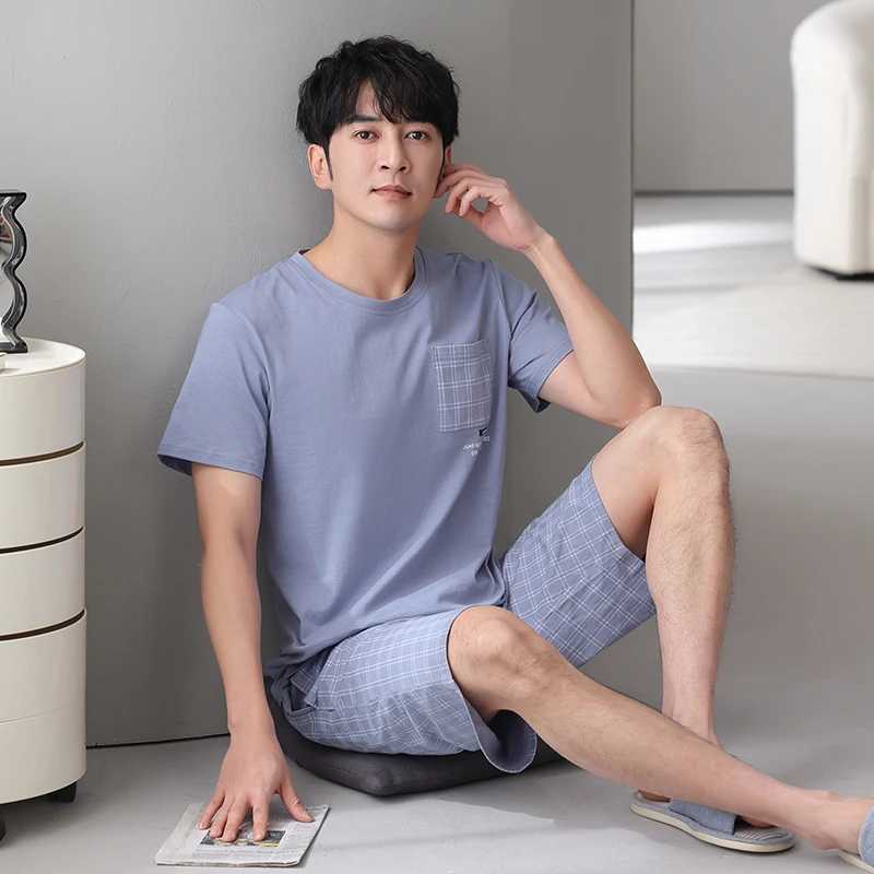 Men Pajamas Set Summer Short Sleeve Striped Casual Tracksuit Sleepshirt + Shorts 2-piece Pajamas Male 4XL 5XL 6XL 7XL Mens Pajamas W250717